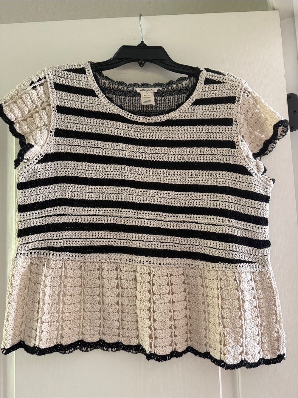 Ultra Pink Black & Cream Crochet Stripe Knit Top